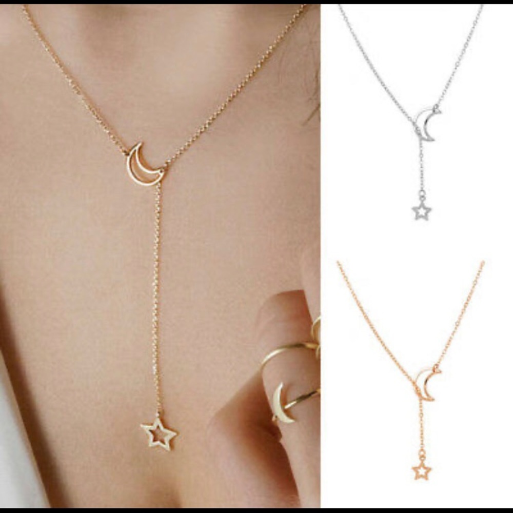 New Moon and Star Silver Toned Chain Necklace